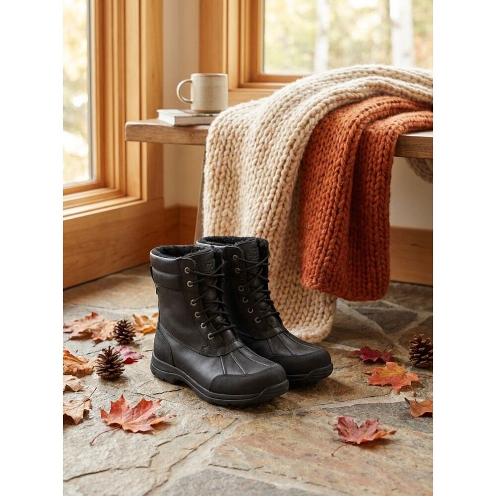UGG Australia Waterproof Black Leather Winter Snow Boots Vibram Sole